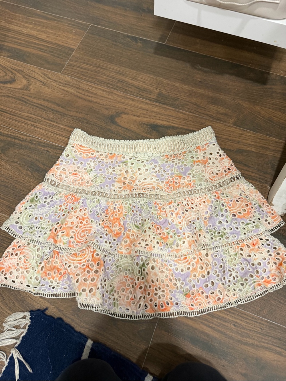 Alice + Olivia Cream Eyelet Tiered Skirt with Pastel Floral